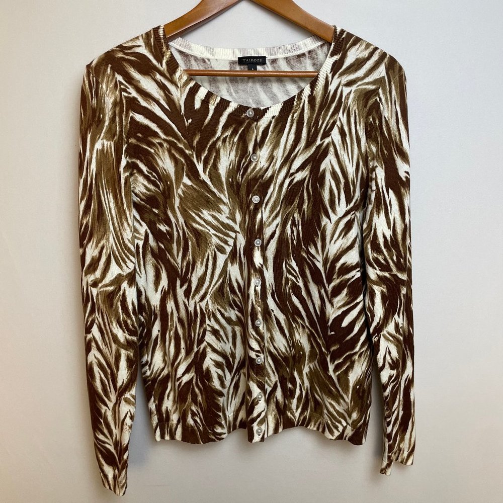 Talbots Womens Cardigan Sweater Size L Brown Print Button Up Casual Comfort